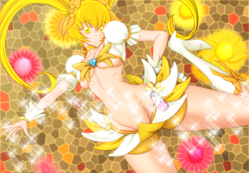 blonde_hair, boots, breasts, brown_background, cure_sunshine, dress, floral_background, heart, heartcatch_precure!, long_hair, magical_girl, midriff, mound_of_venus, myoudouin_itsuki, navel, precure, skirt, smile, solaris, solo, sparkle, twintails, under_boob, underboob, yellow, yellow_dress, yellow_eyes