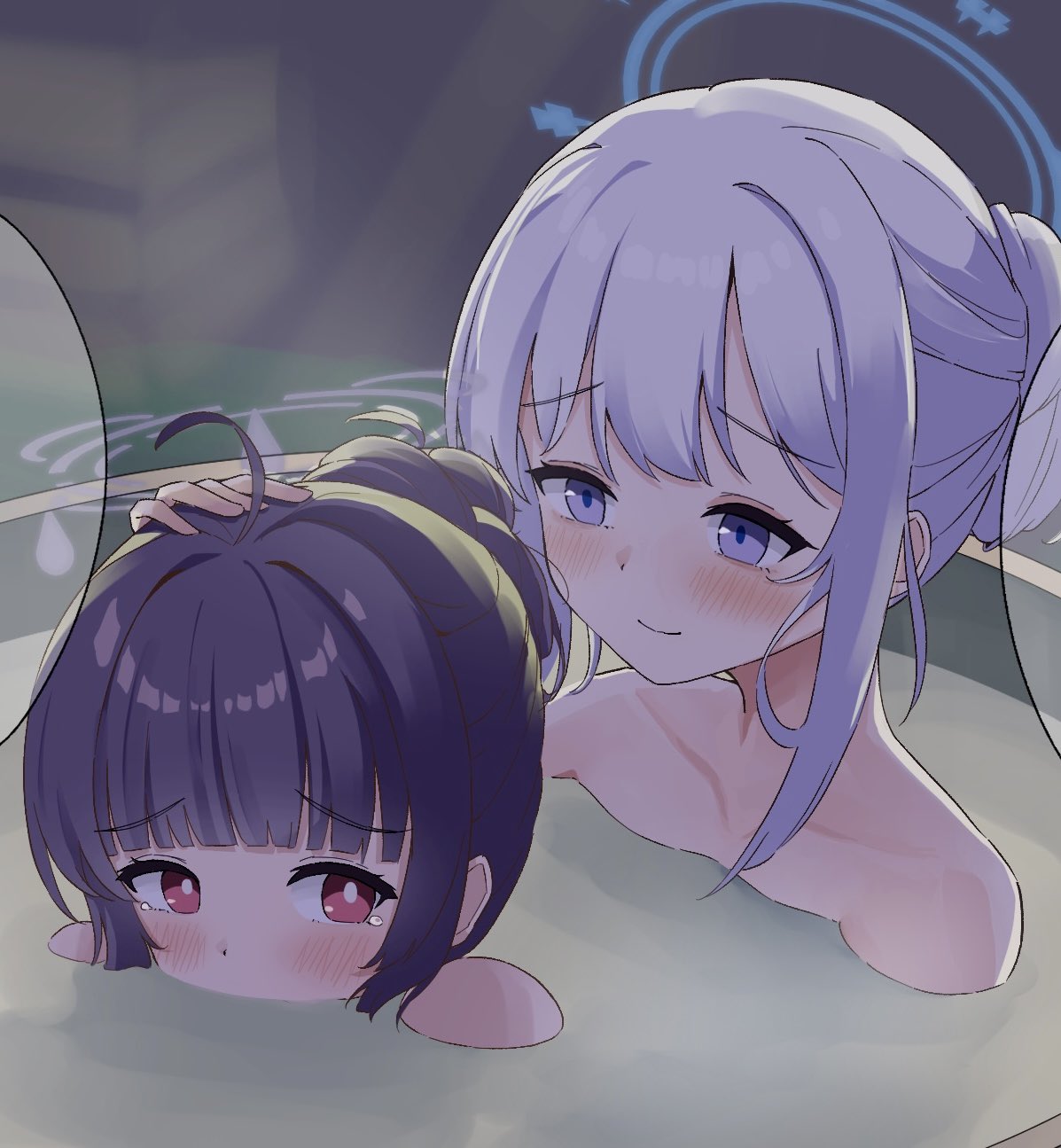 2girls, ahoge, alternate_hairstyle, bare_shoulders, bathing, black_hair, blue_archive, blue_halo
