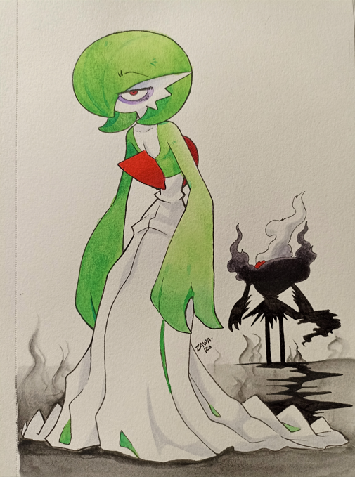 bags_under_eyes, black_skin, bob_cut, colored_skin, darkrai, dress, gardevoir, green_hair, green_skin, hair_over_one_eye, multicolored_skin, photo_(medium), pokemon, pokemon_(creature), superiordutchsauce, traditional_media, two-tone_skin, white_dress, white_hair, white_skin