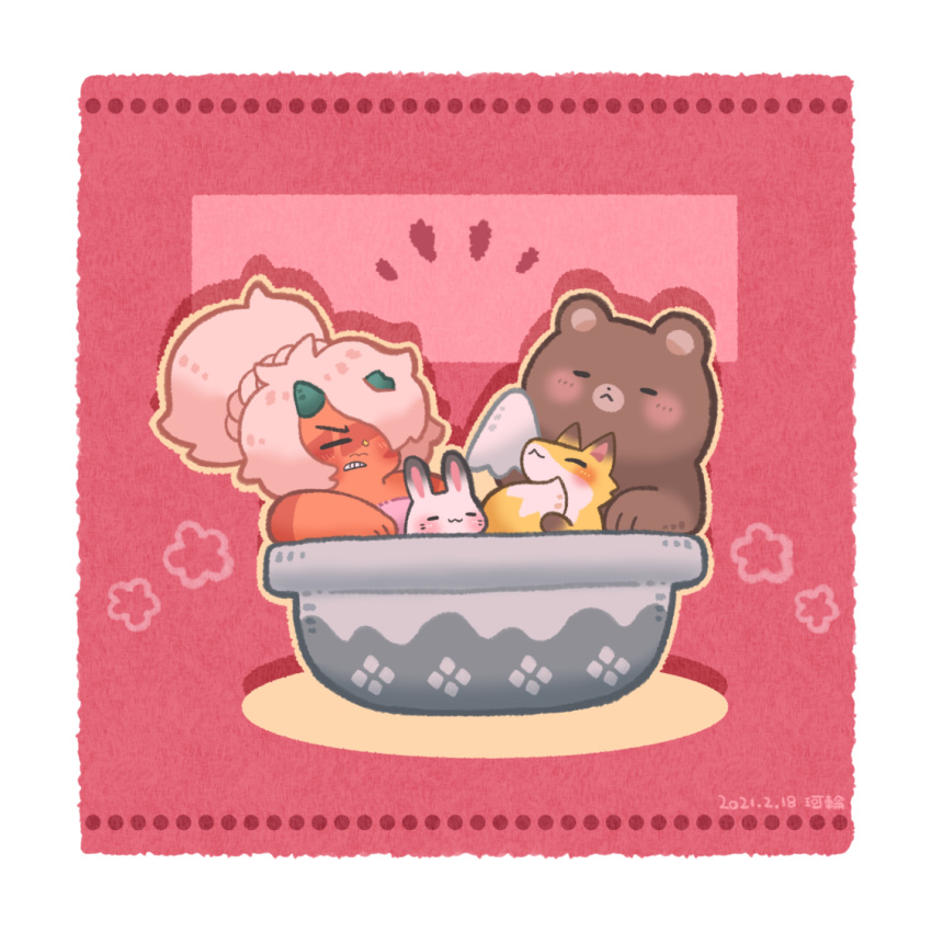 1girl, animal, bear, blush_stickers, border, colored_skin, drop_shadow, fox