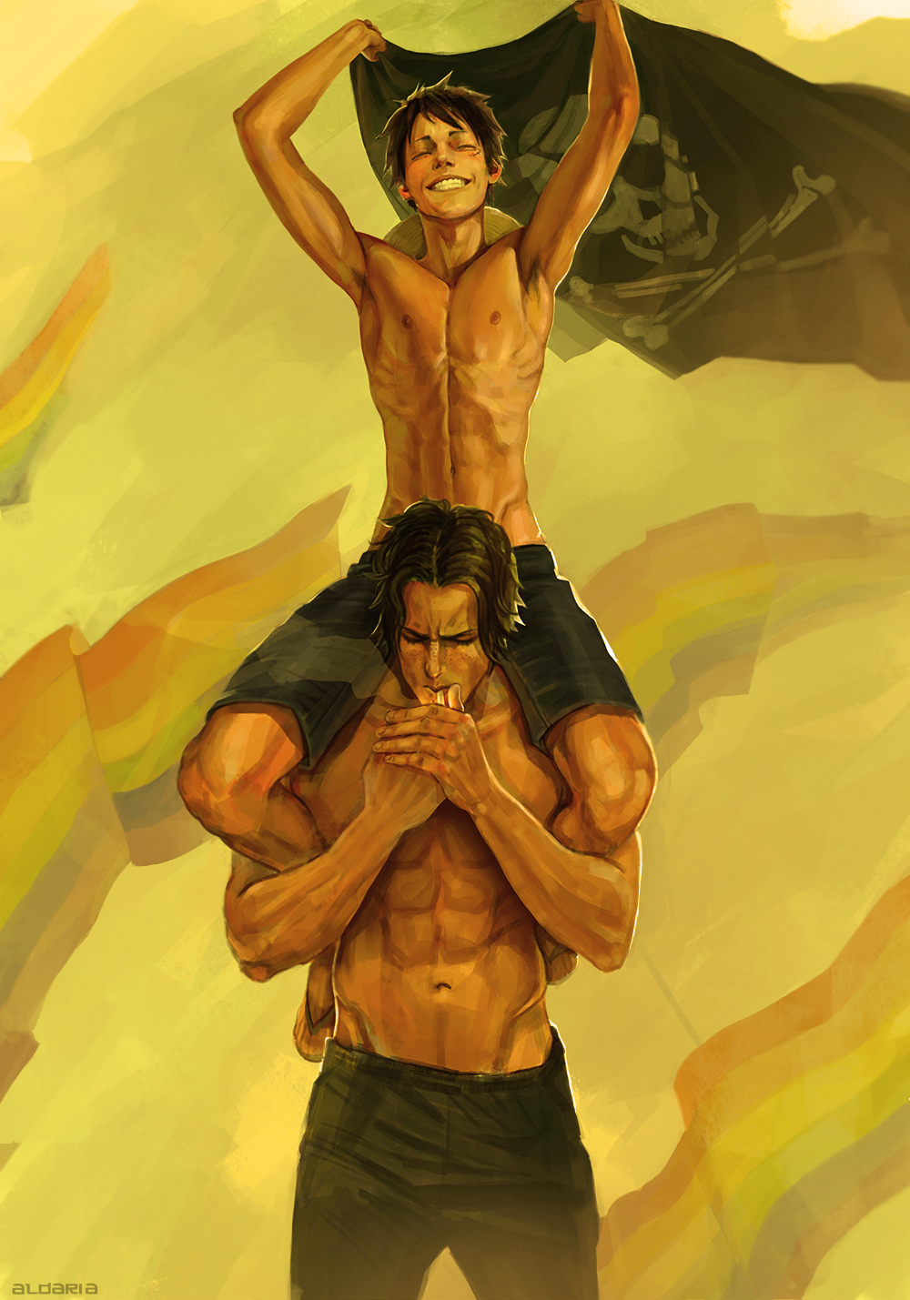 2boys, abs, aldariia, artist_name, black_hair, carrying, cigarette, clenched_teeth