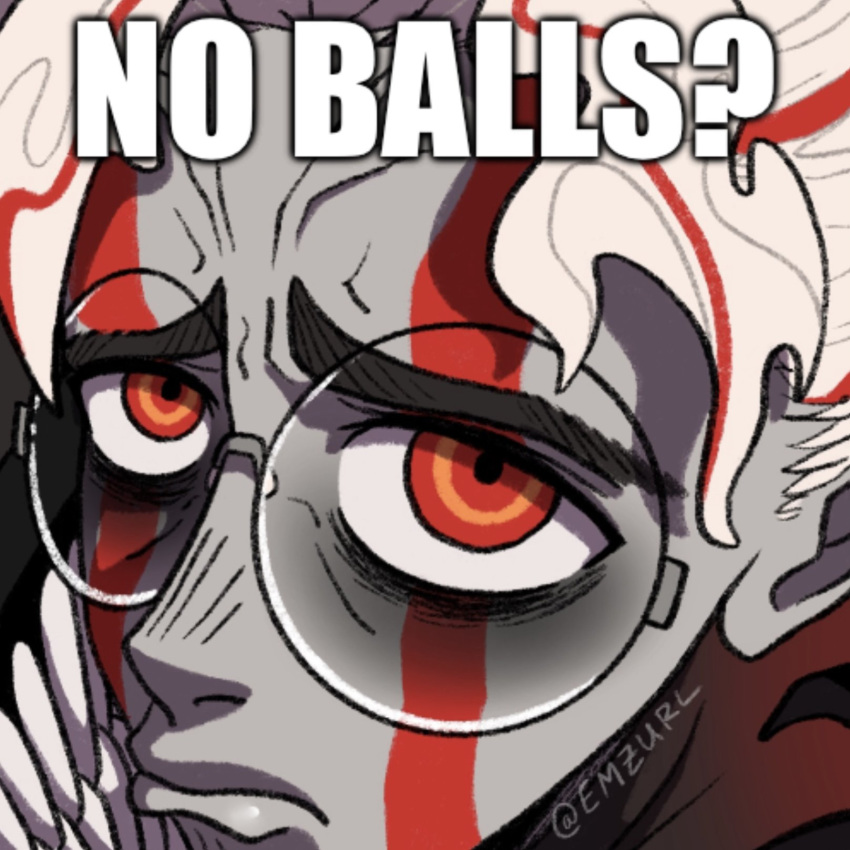 1boy, colored_skin, commentary, dandadan, emzurl, english_text, facial_mark, glasses