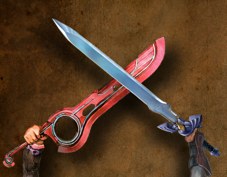 2boys, artist_request, crossed_arms, crossover, holding, holding_sword, holding_weapon, link