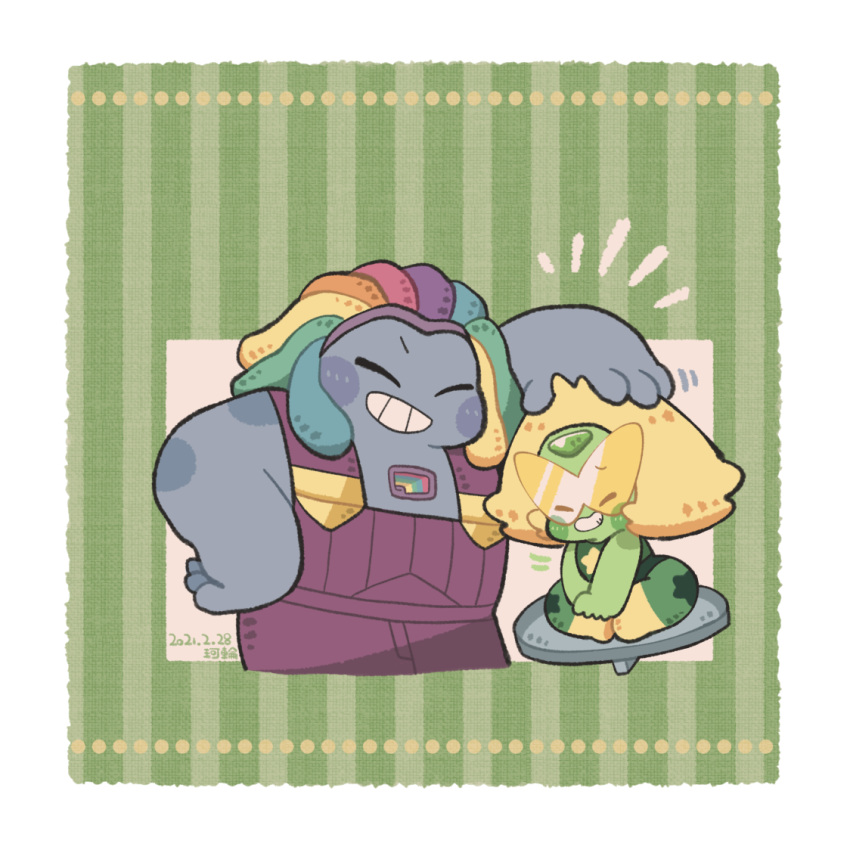 2boys, 2girls, bismuth_(steven_universe), blonde_hair, border, colored_skin, dated, dreadlocks, glasses, green_skin, grey_skin, grin, hand_on_another's_head, karin_(100100), multicolored_hair, multiple_boys, multiple_girls, overalls, peridot_(steven_universe), purple_overalls, rainbow_hair, signature, smile, steven_universe, striped_background, tinted_eyewear, white_border, yellow-tinted_eyewear