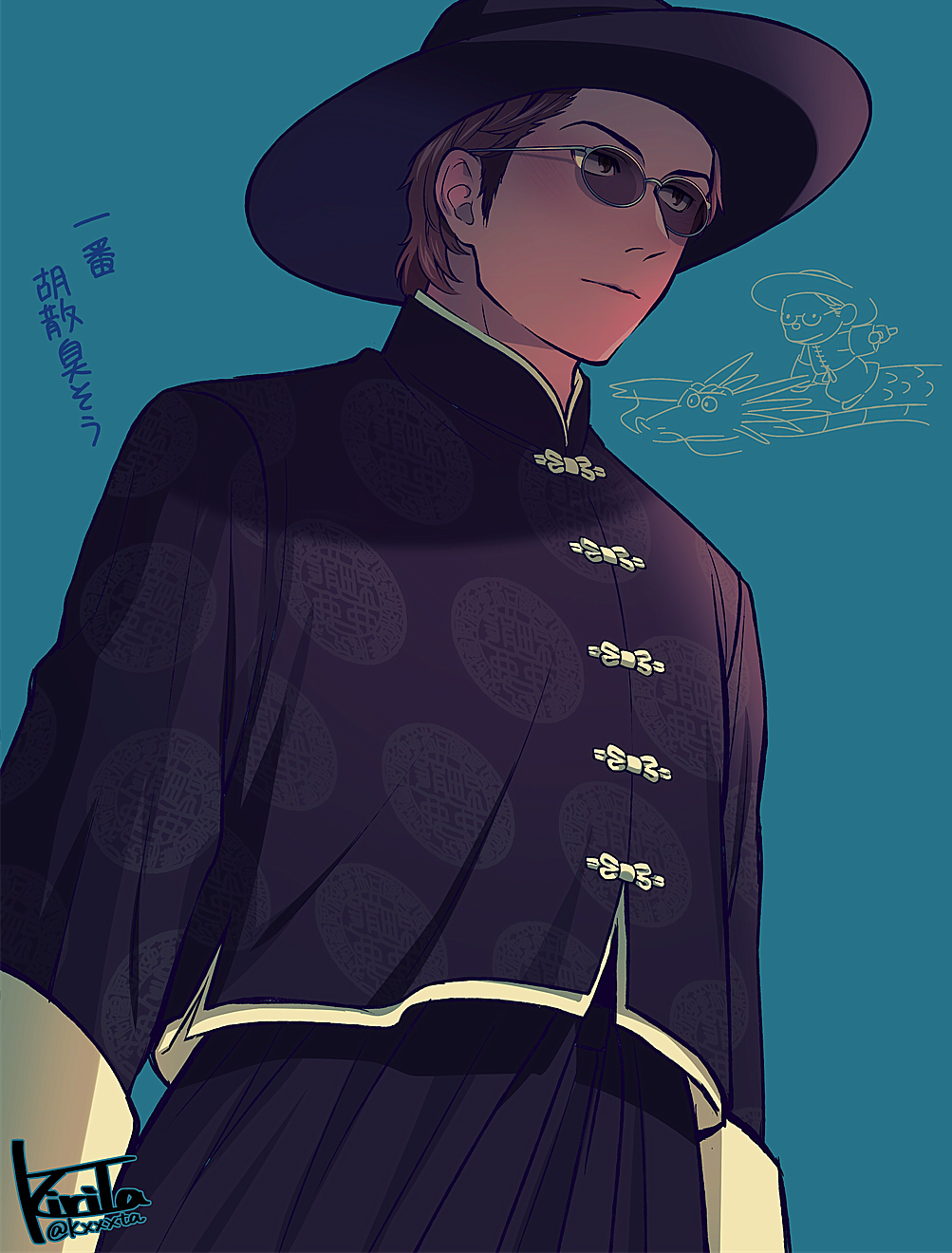 1boy, black_hat, blue_background, brown_hair, chinese_clothes, closed_mouth, hat, highres