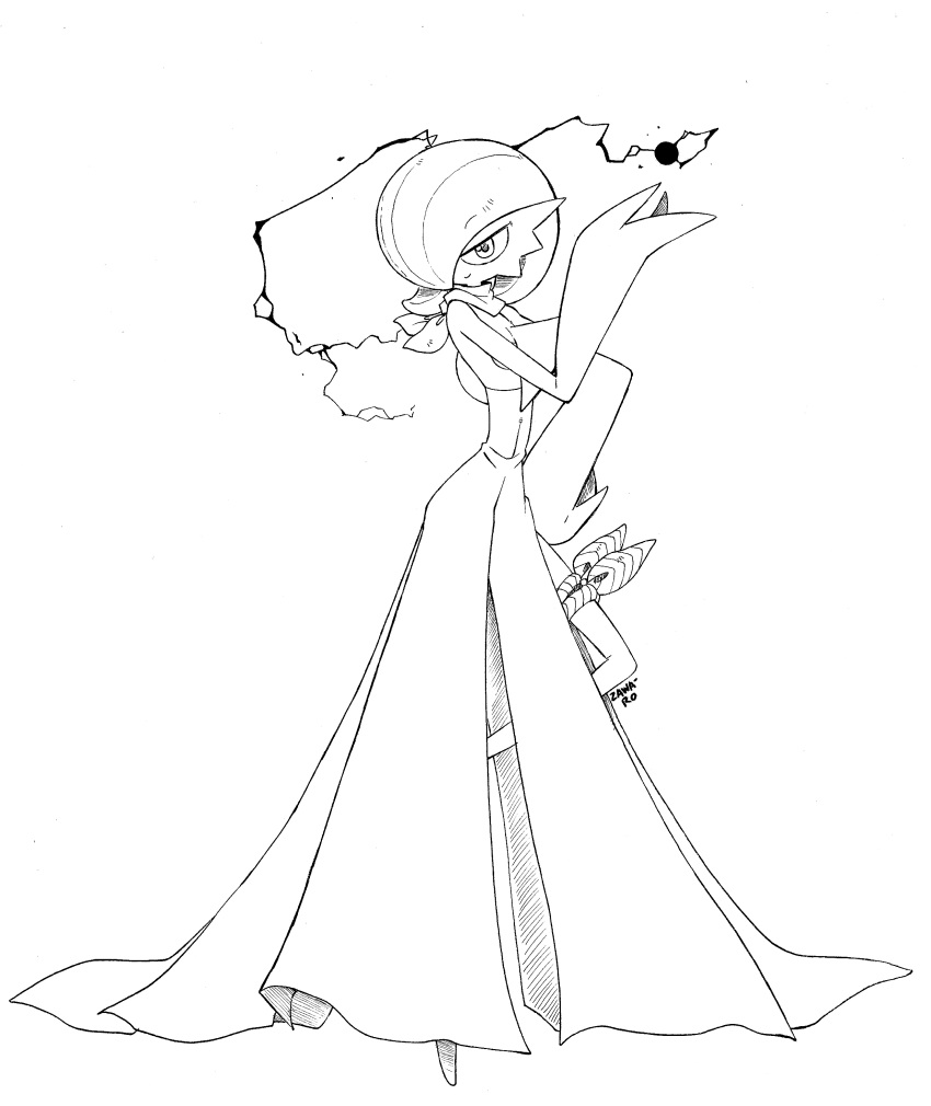 absurdres, bob_cut, dress, gardevoir, gardevoir_day, hair_over_one_eye, hand_on_own_hip, highres