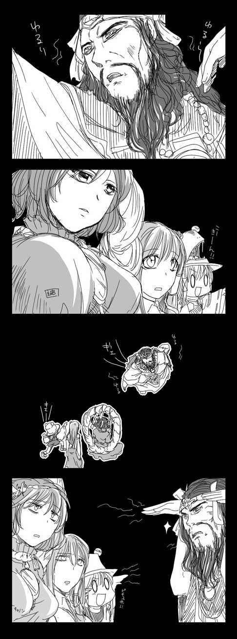 4koma, bad_id, beard, breasts, comic, crossover, facial_hair, hat