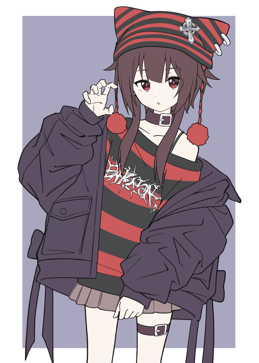 1girl, alternate_costume, beanie, black_jacket, brown_hair, brown_skirt, cachi_lo, collar, cross_hair_ornament, earflap_beanie, hair_ornament, hand_up, hat, highres, jacket, kono_subarashii_sekai_ni_shukufuku_wo!, looking_at_viewer, megumin, miniskirt, pleated_skirt, red_eyes, shirt, short_hair, simple_background, skirt, sleeves_past_wrists, solo, striped_beanie, striped_clothes, striped_shirt