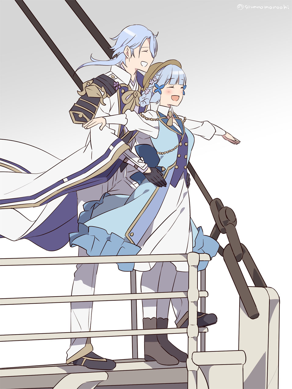 1boy, 1girl, agemaki_knot, armor, black_armor, black_footwear, black_gloves, blue_dress