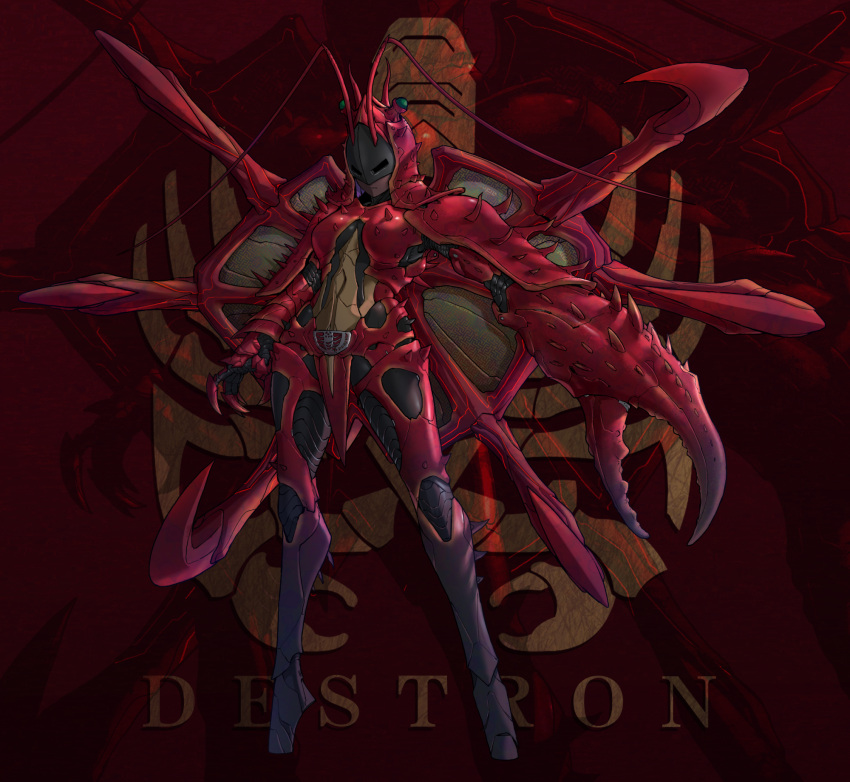 1girl, antennae, armor, bodysuit, claws, closed_mouth, commentary, covered_eyes