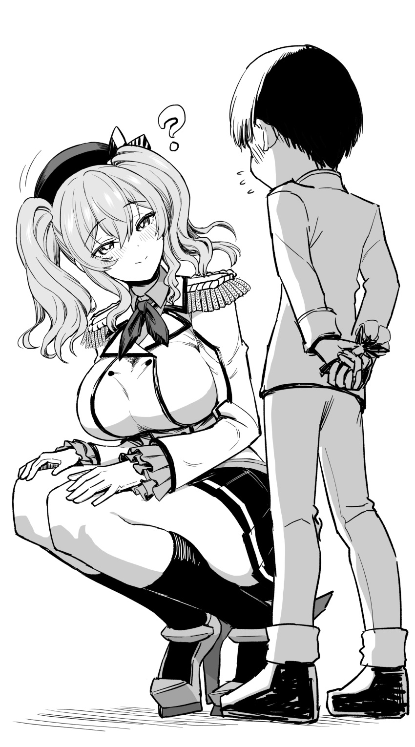 1boy, 1girl, absurdres, admiral_(kancolle), arms_behind_back, beret, breasts, epaulettes