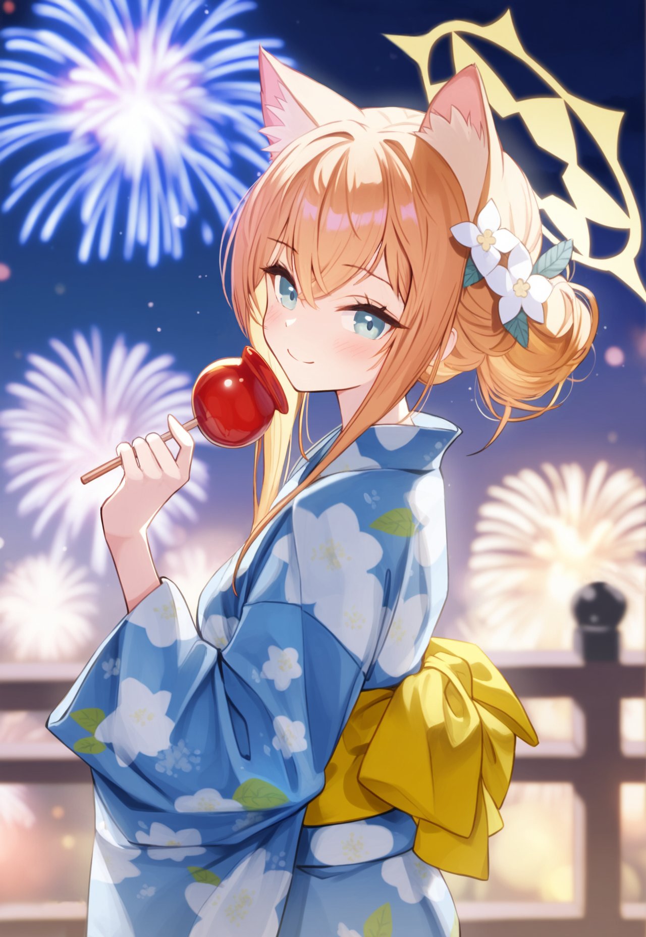 09cch29, 1girl, ai-generated, animal_ears, blue_archive, blue_eyes, candy_apple, cat_ears