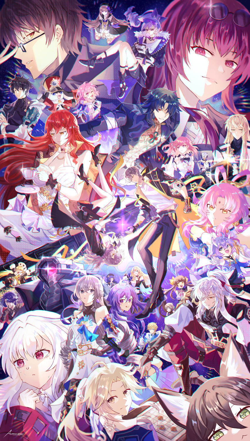 6+boys, 6+girls, :p, absurdres, animal_ears, arlan_(honkai:_star_rail), asta_(honkai:_star_rail), astral_express_(honkai:_star_rail), astrovique, bailu_(honkai:_star_rail), bare_shoulders, black_hair, black_hat, black_jacket, blade_(honkai:_star_rail), blonde_hair, blowing_bubbles, blue_eyes, blue_hair, bronya_rand, brown_hair, caelus_(honkai:_star_rail), chinese_clothes, clara_(honkai:_star_rail), crop_top, crossed_legs, cup, dan_heng_(honkai:_star_rail), doll_joints, dress, drill_hair, drill_ponytail, eyewear_on_head, fox_ears, fu_xuan_(honkai:_star_rail), gepard_landau, glasses, grey_eyes, grey_hair, hair_between_eyes, hat, herta_(honkai:_star_rail), highres, himeko_(honkai:_star_rail), holding, holding_cup, honkai:_star_rail, honkai_(series), hook_(honkai:_star_rail), jacket, jing_yuan, joints, kafka_(honkai:_star_rail), long_hair, luocha_(honkai:_star_rail), march_7th_(honkai:_star_rail), march_7th_(preservation)_(honkai:_star_rail), multiple_boys, multiple_girls, open_clothes, open_jacket, parted_bangs, pela_(honkai:_star_rail), pink_hair, pom-pom_(honkai:_star_rail), purple_hair, qingque_(honkai:_star_rail), red_eyes, redhead, sampo_koski, seele_vollerei, serval_landau, shirt, short_hair, silver_wolf_(honkai:_star_rail), smile, stelle_(honkai:_star_rail), sushang_(honkai:_star_rail), tongue, tongue_out, trailblazer_(honkai:_star_rail), twin_drills, twintails, two-tone_eyes, violet_eyes, welt_yang, white_dress, white_shirt, yanqing_(honkai:_star_rail), yellow_eyes