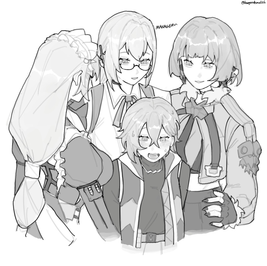4girls, alexandrina_sebastiane, animal_ears, belle_(zenless_zone_zero), blunt_bangs, blush, breasts, cowboy_shot