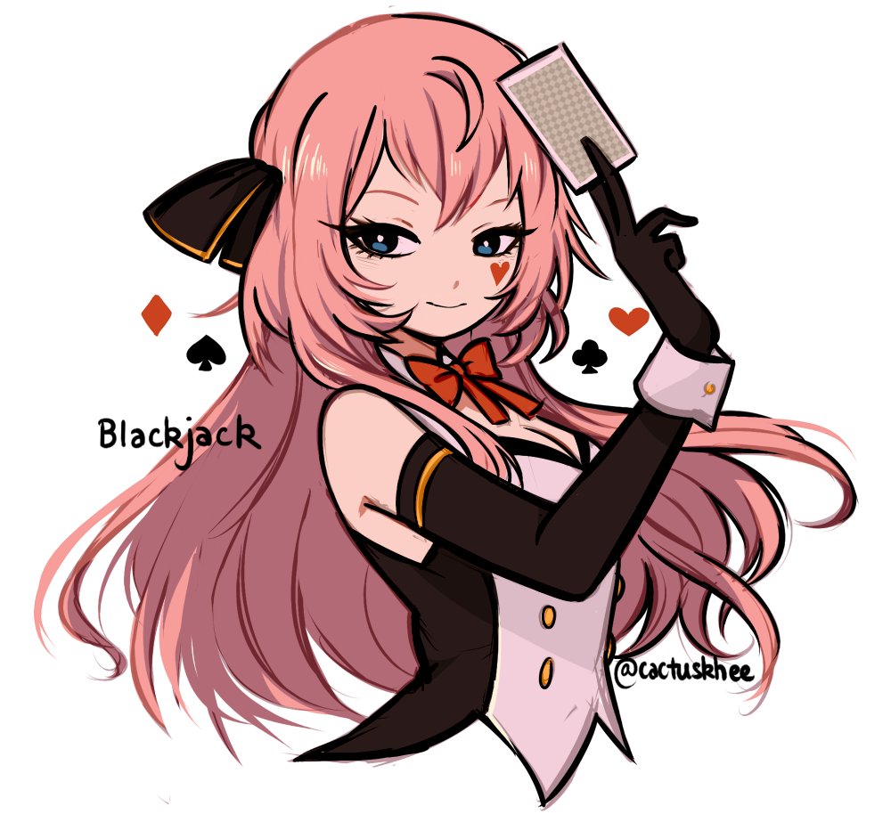 1girl, bare_shoulders, between_fingers, black_gloves, black_ribbon, blackjack_(vocaloid), blue_eyes, bow
