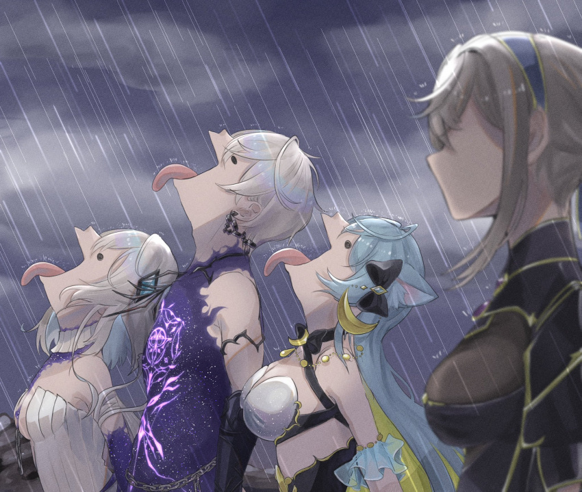 1boy, 3girls, animal_ears, armor, armored_dress, blonde_hair, blue_hair, brother_and_sister