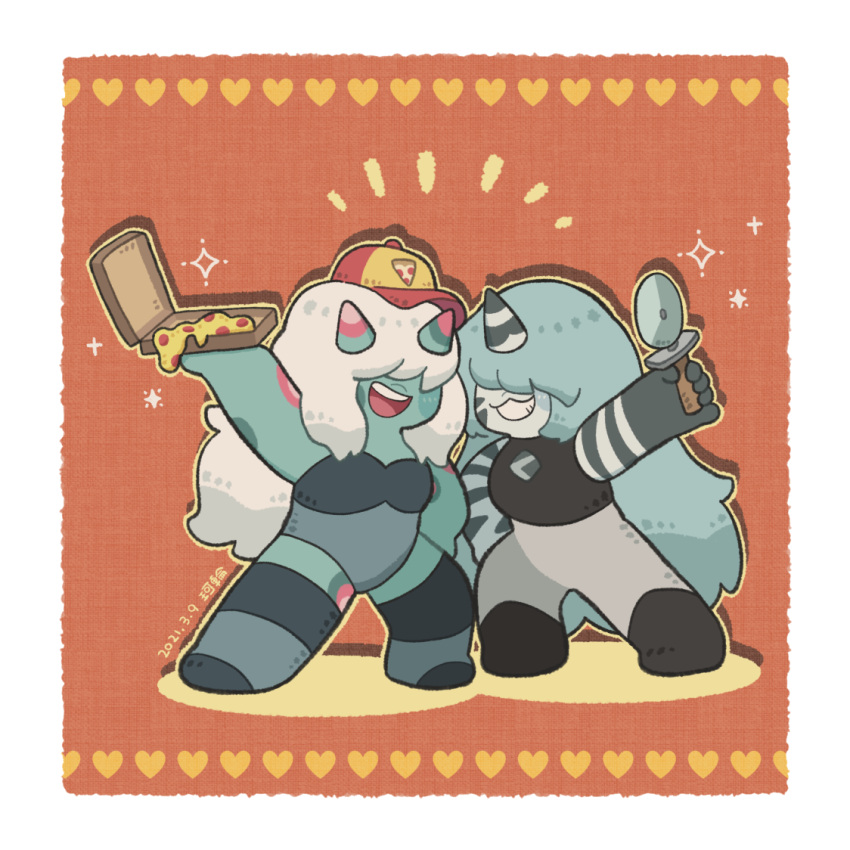 2girls, arm_up, baseball_cap, blue_skin, border, colored_skin, dated, food, full_body, grey_hair, grin, hair_over_eyes, hat, holding, holding_food, holding_pizza, horns, karin_(100100), multiple_girls, ocean_jasper, open_mouth, orange_background, pizza, pizza_cutter, signature, single_horn, smile, steven_universe, striped_skin, white_border, white_hair, zebra_jasper