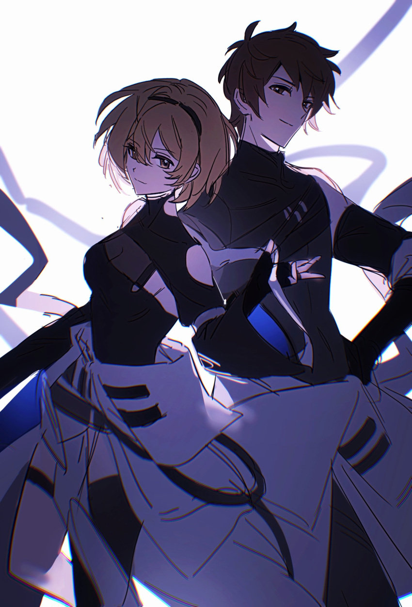 1boy, 1girl, absurdres, armored_boots, belt, blonde_hair, boots, brown_hair