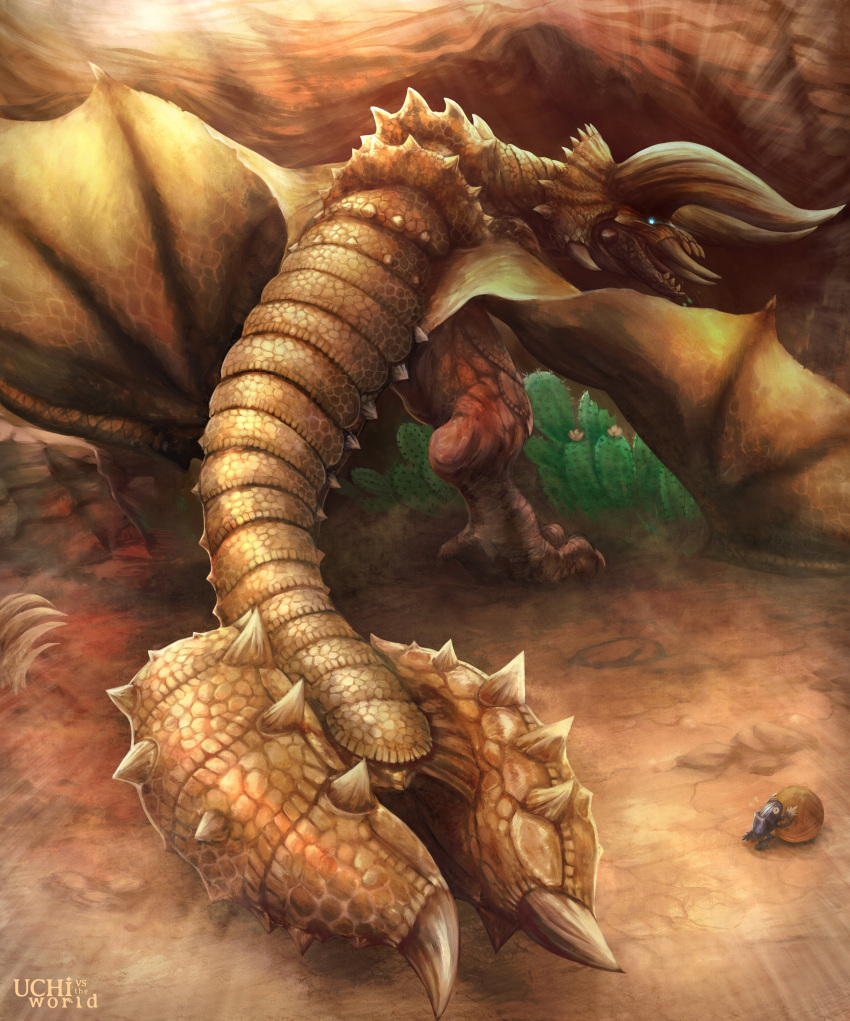 absurdres, artist_name, beetle, blue_eyes, brown_scales, bug, cactus, clubbed_tail