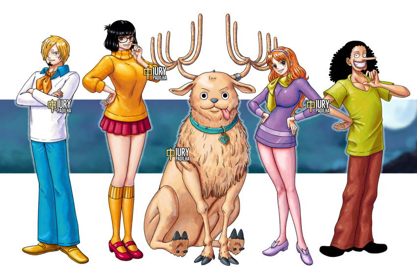 2girls, 3boys, :p, antlers, black_footwear, black_hair, blonde_hair, breasts