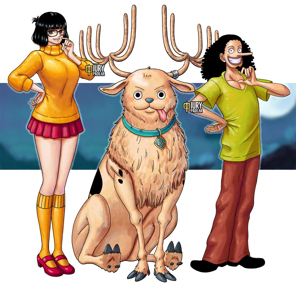 1girl, 2boys, :p, antlers, black_footwear, black_hair, breasts, brown_pants
