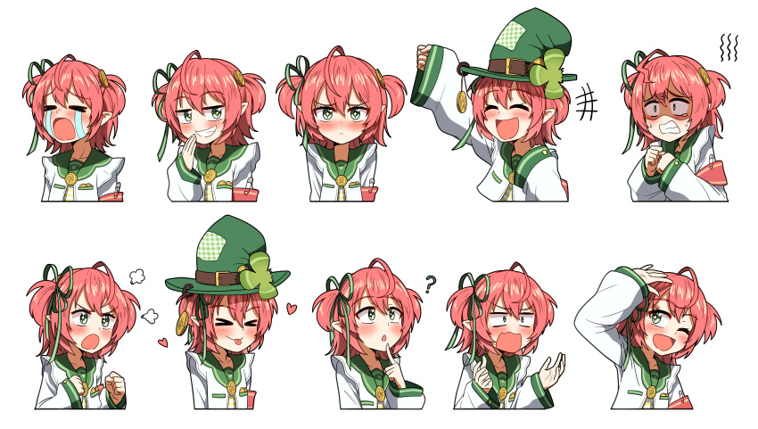 1girl, :p, ?, absurdres, ahoge, blush, clover, coin, coin_on_string, collar, commentary, crying, ddolbang, english_commentary, expressions, fuyo_cloverfield, gold_coin, green_collar, green_eyes, green_ribbon, grin, hair_ribbon, heart, highres, idol_corp, leprechaun, multiple_views, official_art, one_eye_closed, orange_hair, pocket, pointy_ears, puff_of_air, ribbon, scared, shaded_face, shirt, short_hair, short_twintails, smile, smug, sparkling_eyes, streaming_tears, sweat, tearing_up, tears, tongue, tongue_out, transparent_background, twintails, virtual_youtuber, white_shirt