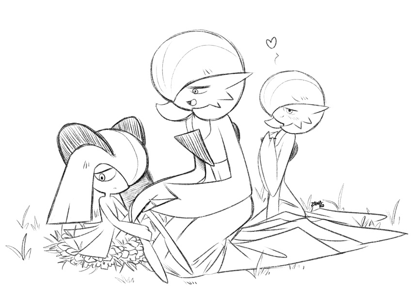 artist_name, bob_cut, dress, gardevoir, grass, heart, highres, horns, kirlia, pokemon, pokemon_(creature), sidelocks, sitting, smile, superiordutchsauce