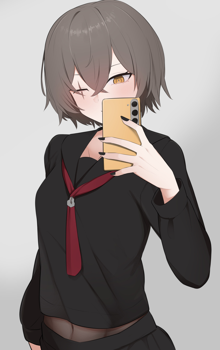 1girl, absurdres, black_nails, black_sailor_collar, black_serafuku, black_shirt, black_skirt, blush, brown_eyes, brown_hair, cellphone, commentary_request, covered_navel, girls'_frontline_2:_exilium, girls_frontline, grey_background, hair_between_eyes, highres, holding, holding_phone, neckerchief, one_eye_closed, phone, re1kirisaki342, red_neckerchief, sailor_collar, scar, scar_across_eye, school_uniform, selfie, serafuku, shirt, short_hair, simple_background, skirt, smartphone, solo, ump45_(girls'_frontline)