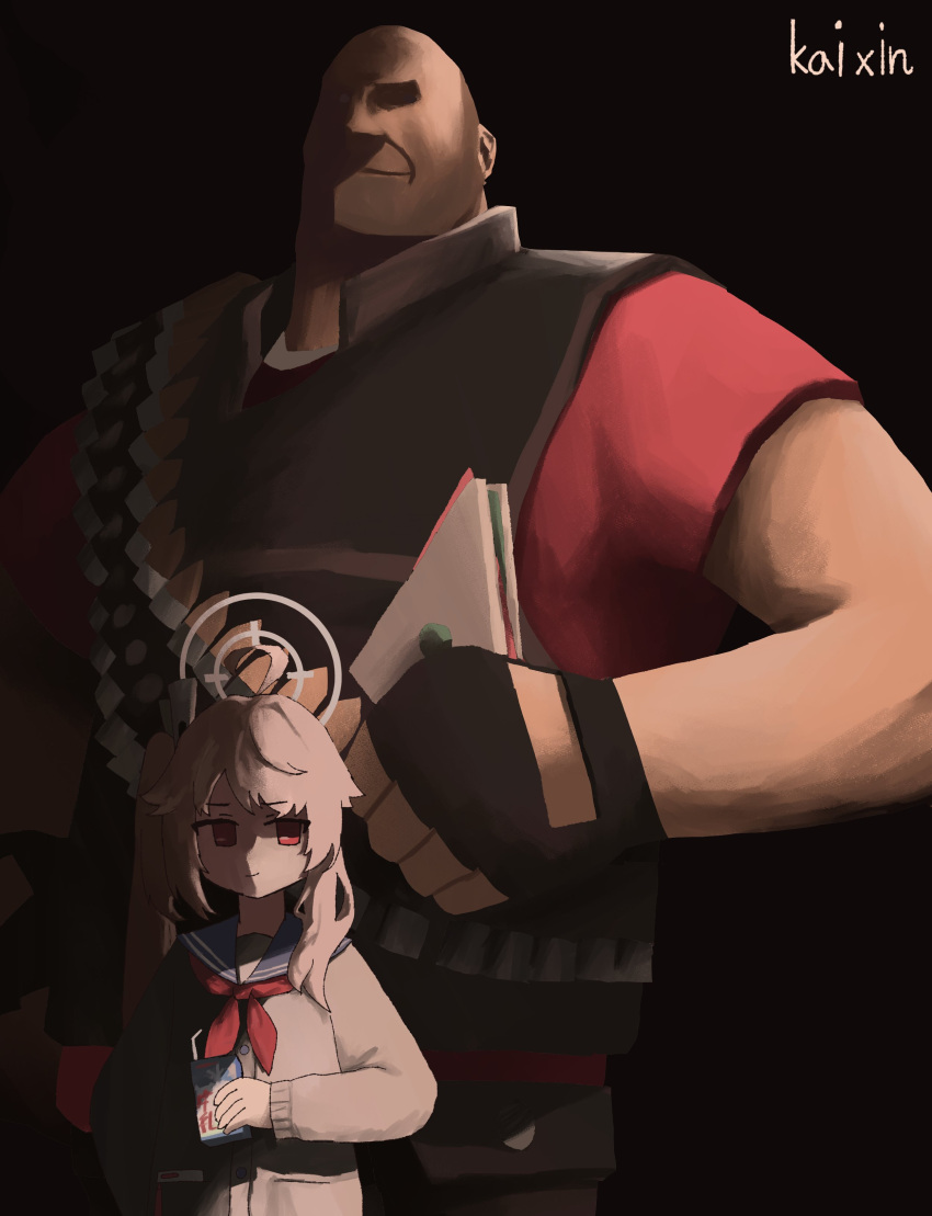 1boy, 1girl, absurdres, ammunition_belt, artist_name, bald, black_background, black_vest