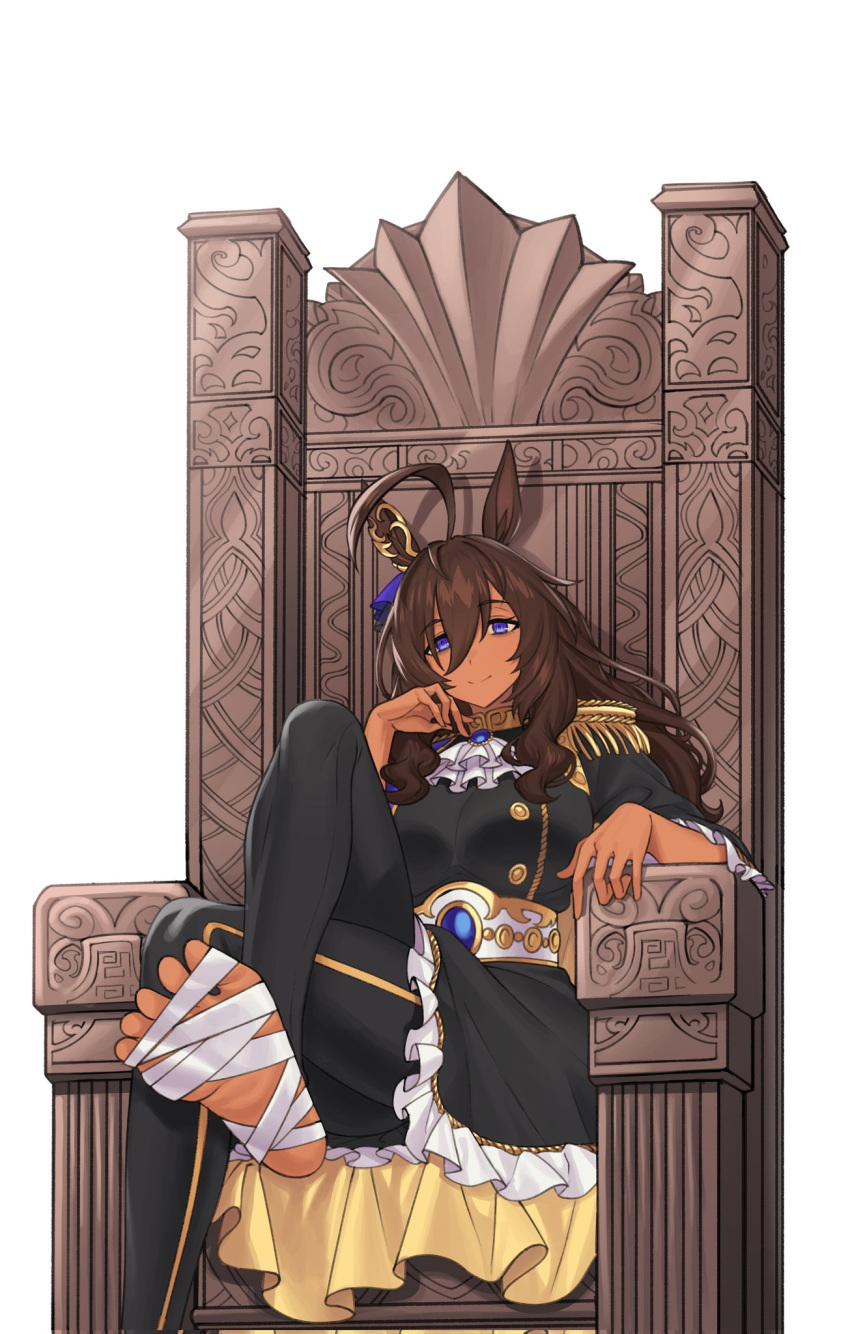 1girl, ahoge, alternate_hairstyle, ascot, bandaged_foot, bandages, black_pants, blue_gemstone