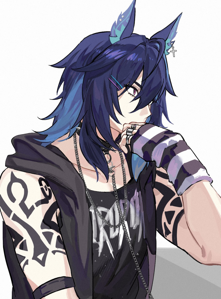 1boy, alternate_costume, animal_ears, arm_warmers, bags_under_eyes, black_collar, black_hair, blue_hair
