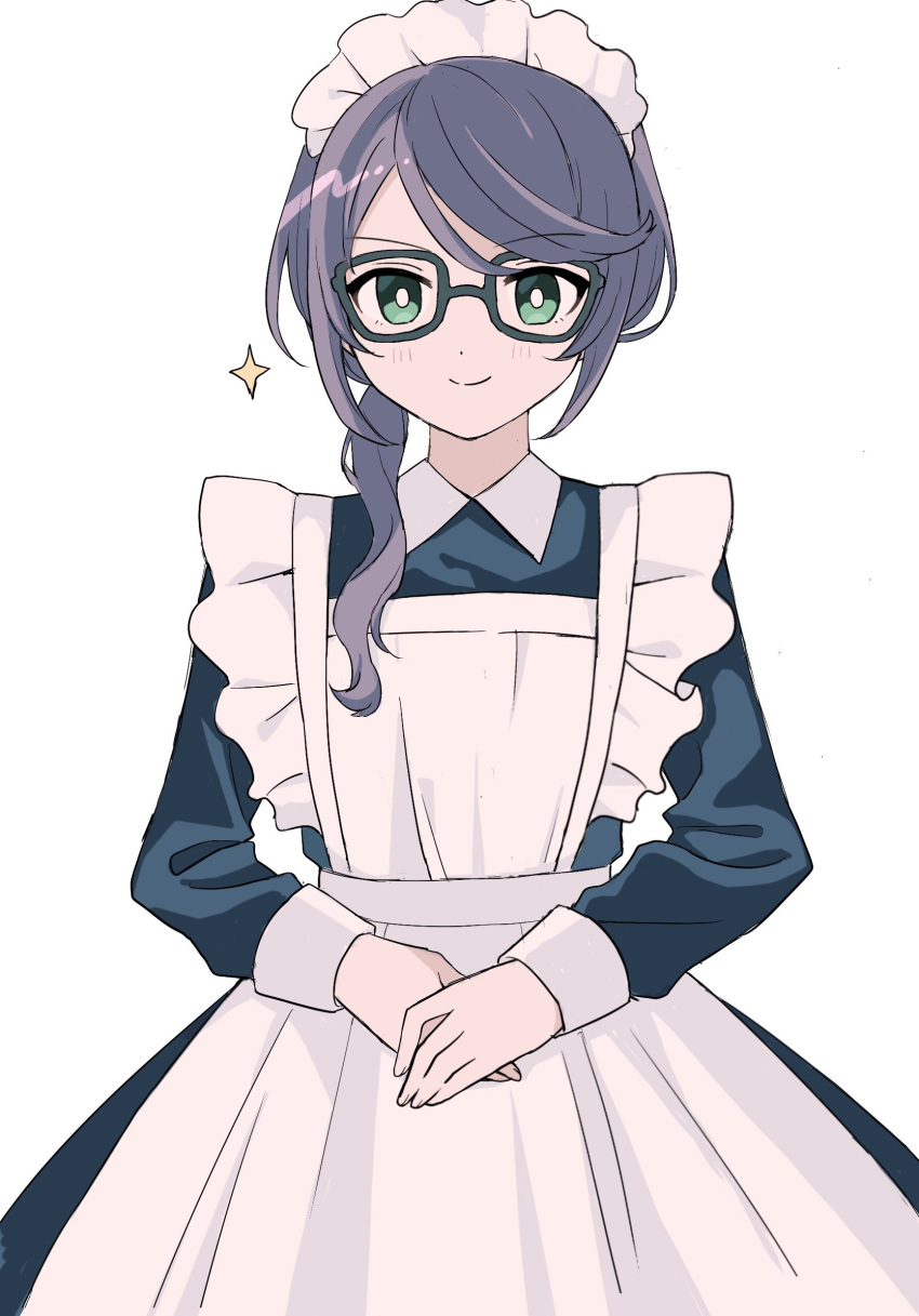 >:), 1girl, alternate_costume, apron, black-framed_eyewear, black_dress, bright_pupils, closed_mouth