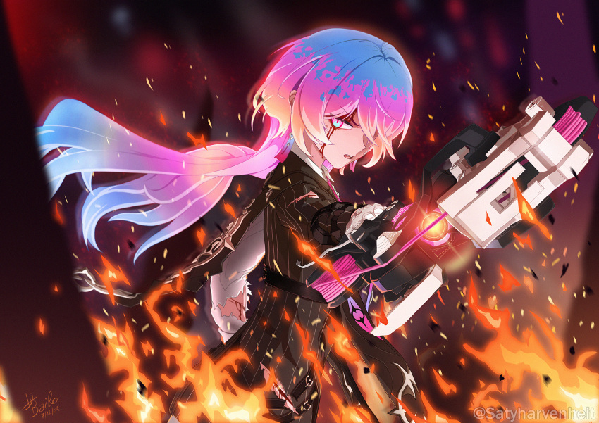 1girl, aiming, aiming_at_viewer, black_jacket, blonde_hair, blood, blood_from_eyes, blue_hair, commentary, english_commentary, gun, hair_over_one_eye, highres, holding, holding_gun, holding_weapon, honkai_(series), honkai_impact_3rd, jacket, lantern_(honkai_impact), long_hair, looking_to_the_side, multicolored_hair, open_mouth, pink_hair, satyharvenheit, solo, weapon