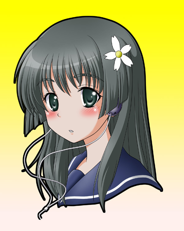 black_hair, final_(artist), flower, hair_flower, hair_ornament, headphones, long_hair, saten_ruiko