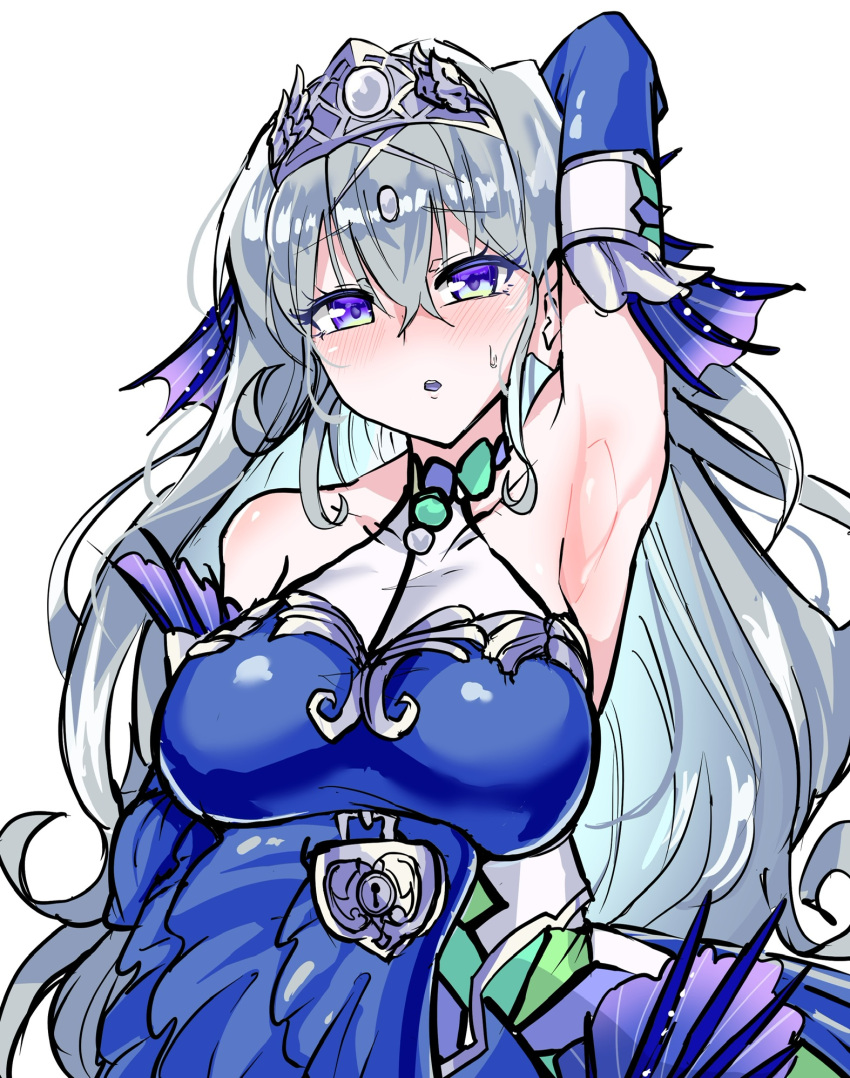 1girl, arm_under_breasts, arm_up, armpits, bare_shoulders, blue_eyes, blush, breasts
