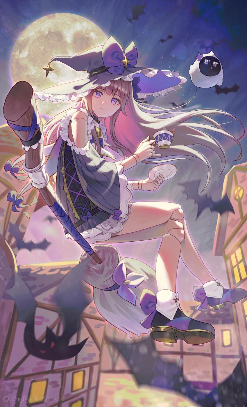 1girl, absurdres, bare_shoulders, bat_(animal), broom, broom_riding, closed_mouth, clothing_cutout