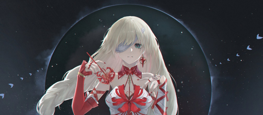 1girl, bandage_over_one_eye, bandaged_arm, bandages, bare_shoulders, between_breasts, braid, breasts, detached_sleeves, dress, earrings, elizkras, flower, flower_on_chest, gradient_clothes, gradient_dress, hair_over_one_eye, highres, holding, holding_flower, hoop_earrings, jewelry, long_hair, looking_at_viewer, multicolored_hair, one_eye_covered, phrolova_(wuthering_waves), print_dress, red_dress, red_flower, red_nails, red_spider_lily, solo, spider_lily, strap_between_breasts, streaked_hair, twin_braids, twintails, white_dress, white_hair, wuthering_waves