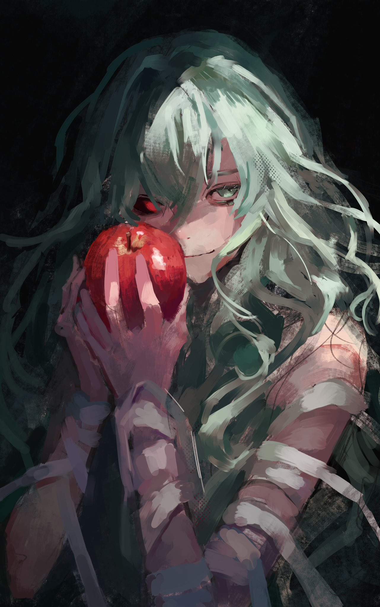 1girl, apple, bandaged_arm, bandages, black_background, black_sclera, colored_sclera, eto_(tokyo_ghoul), food, fruit, fuyumurasaki, green_eyes, green_hair, hair_between_eyes, heterochromia, highres, holding, holding_food, holding_fruit, long_hair, red_eyes, simple_background, smile, solo, tokyo_ghoul, upper_body