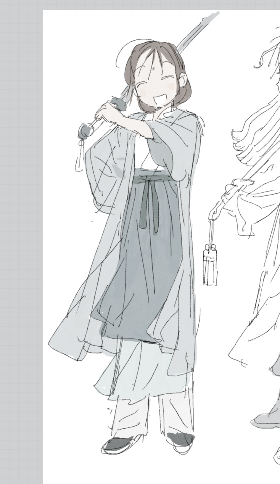 2girls, brown_hair, chinese_clothes, full_body, hanfu, happy, highres, huadian, jiaoling_ruqun, ma_fu, multiple_girls, original, pale_color, sketch, smile, solo_focus, sword, weapon, weichang