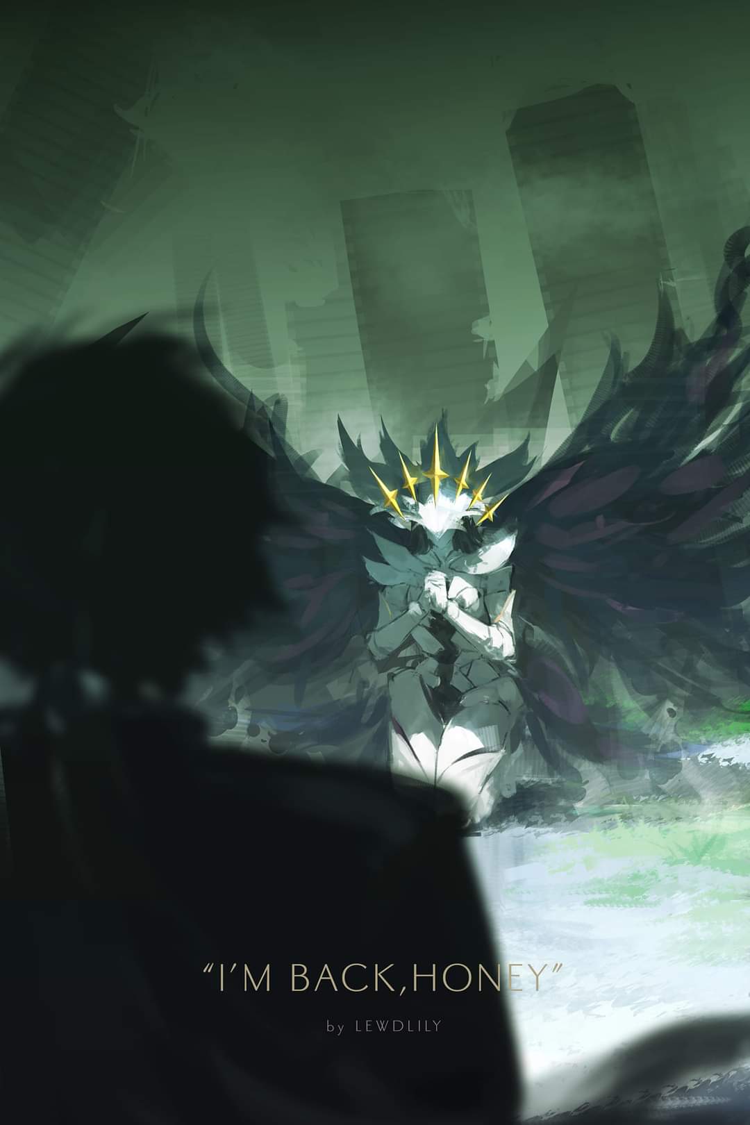 1boy, 1other, artist_name, black_hair, black_jacket, blurry, city, claws, covered_eyes, crown, crown_hair_ornament, depth_of_field, dreamless_(wuthering_waves), facing_viewer, hands_up, highres, jacket, lewdlily66, long_hair, male_rover_(wuthering_waves), monster, monster_girl, pale_skin, rover_(wuthering_waves), tacet_discord_(wuthering_waves), wings, wuthering_waves