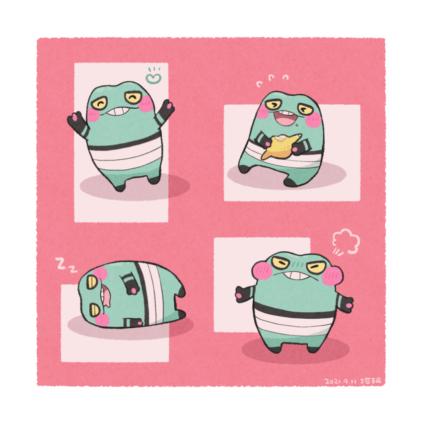 >_<, alternate_color, angry, arm_up, croagunk, food, food_on_face, full_body, karin_(100100), lying, no_humans, nomel_berry, on_side, open_mouth, pokemon, pokemon_(creature), puffy_cheeks, shiny_pokemon, sleeping, teeth, yellow_eyes, zzz