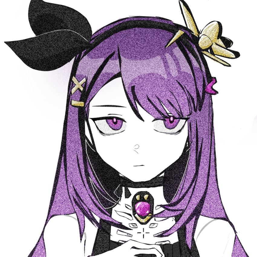 1boy, asymmetrical_bangs, black_choker, black_dress, black_hairband, black_ribbon, choker, dress, flower, hair_flower, hair_ornament, hair_ribbon, hairband, hairclip, lithos_(pgr), mechabare, otoko_no_ko, punishing:_gray_raven, purple_hair, ribbon, socksfuer, solo, violet_eyes, x_hair_ornament