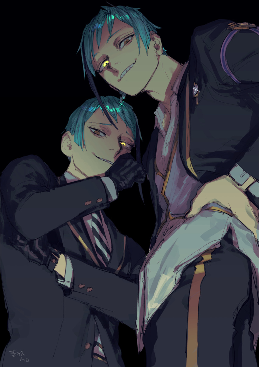 2boys, arm_across_chest, arm_up, black_background, black_gloves, black_jacket, blue_hair, brothers