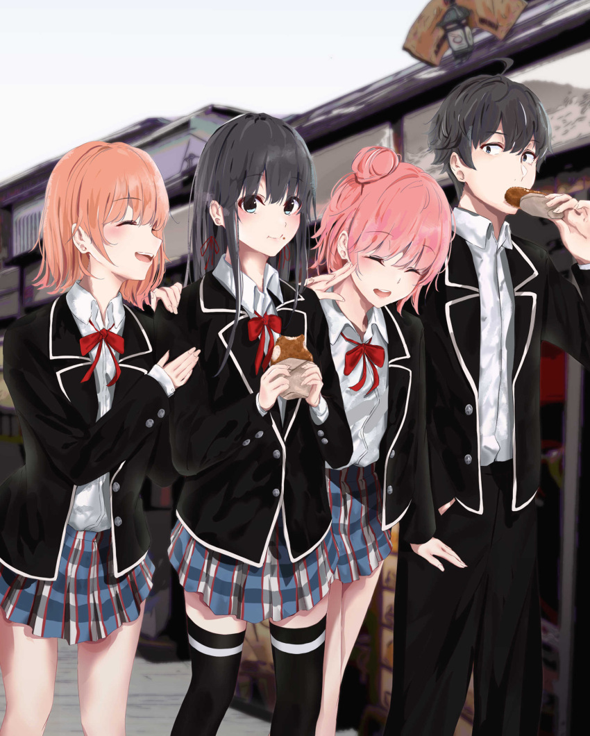 1boy, 3girls, absurdres, ahoge, black_hair, black_jacket, black_pants, black_thighhighs, blazer, blonde_hair, blue_eyes, blush, closed_mouth, collared_shirt, croquette, food, hair_bun, hair_ribbon, hand_on_another's_shoulder, hayase_illusut, highres, hikigaya_hachiman, holding, holding_food, isshiki_iroha, jacket, long_hair, long_sleeves, looking_at_viewer, multiple_girls, neck_ribbon, open_mouth, outdoors, pants, pink_hair, plaid_clothes, plaid_skirt, pleated_skirt, red_ribbon, ribbon, school_uniform, shirt, short_hair, single_hair_bun, single_side_bun, skirt, sobu_high_school_uniform, thigh-highs, walking, white_shirt, winter_uniform, yahari_ore_no_seishun_lovecome_wa_machigatteiru., yuigahama_yui, yukinoshita_yukino, zettai_ryouiki