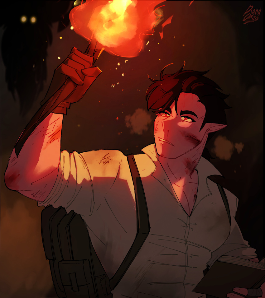 1boy, 1other, absurdres, backpack, bag, bandaged_fingers, bandages, book