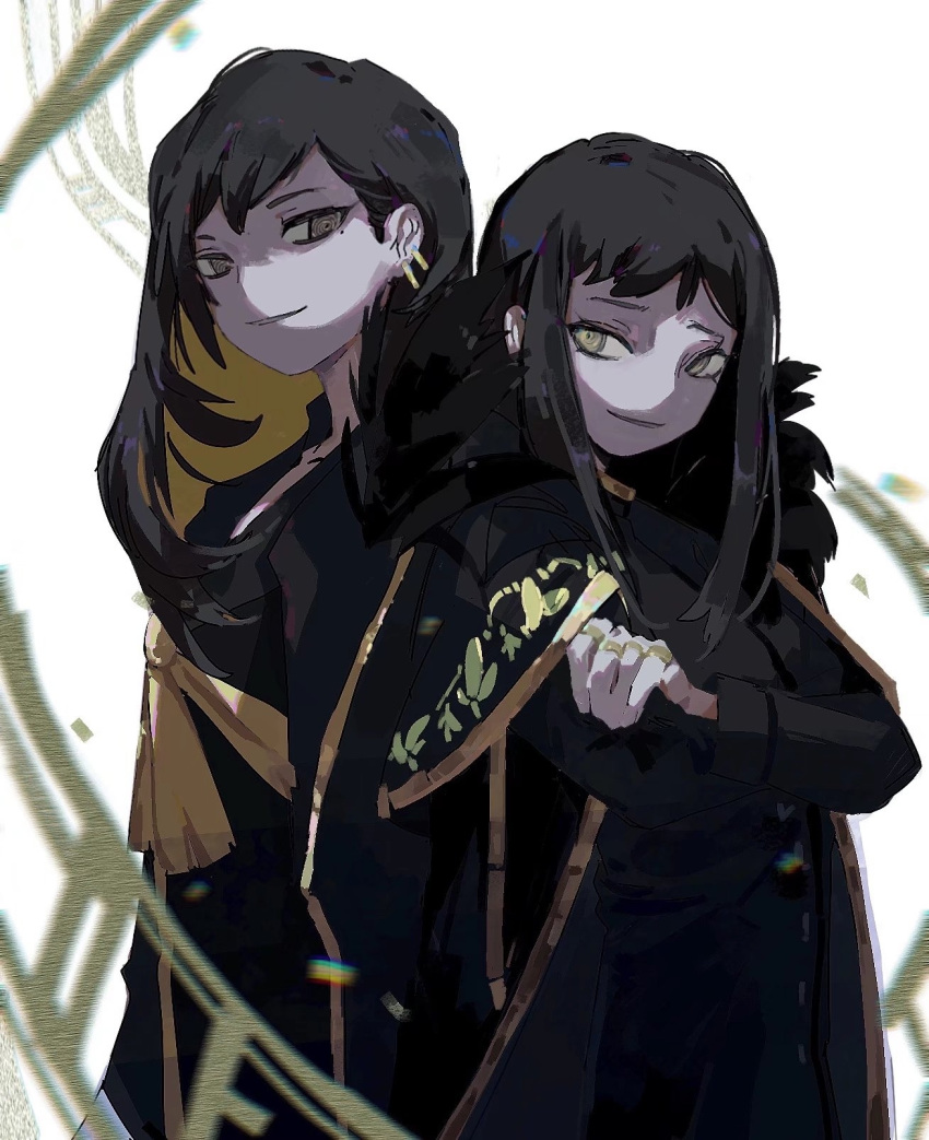 2girls, asaichi, binah_(project_moon), black_cape, black_hair, black_sailor_collar, cape, colored_inner_hair