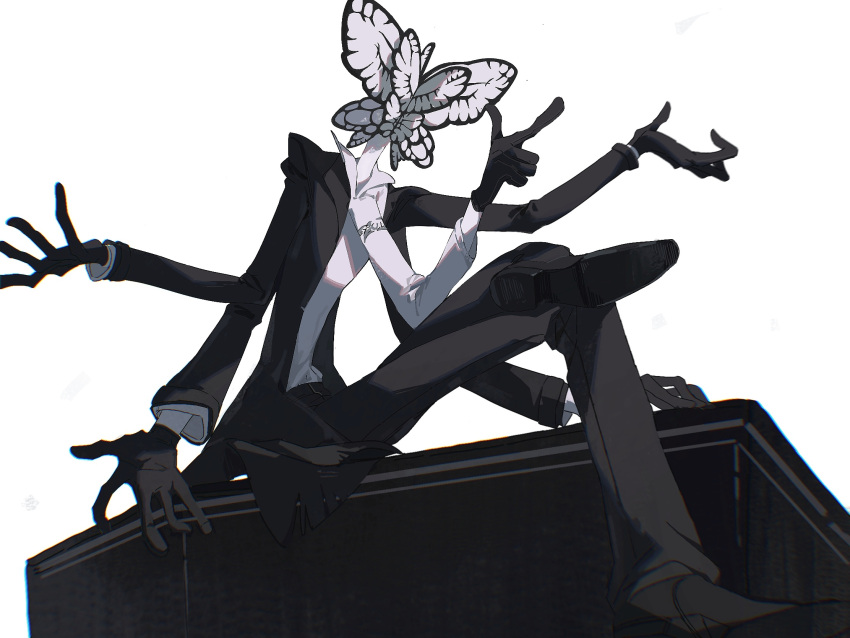 1boy, animal_head, asaichi, black_coat, black_footwear, black_gloves, black_pants, bug