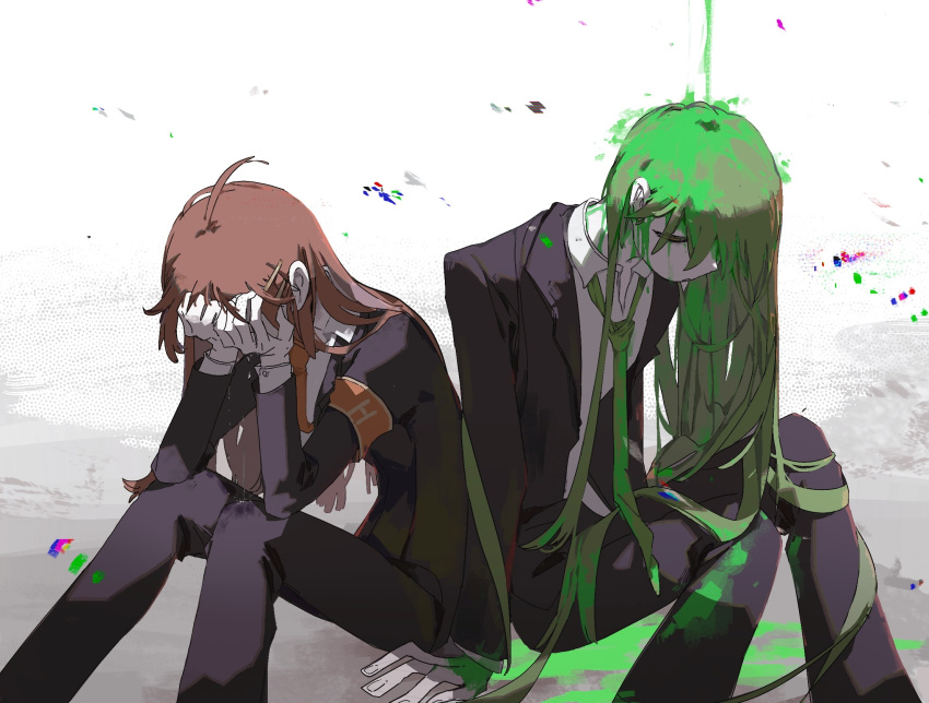 1boy, 1girl, ahoge, armband, asaichi, black_jacket, black_pants, brown_armband