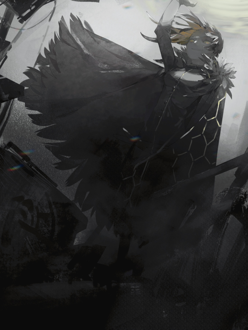1girl, arm_up, asaichi, ashes, binah_(project_moon), black_cape, black_dress, black_hair, blonde_hair, cape, closed_mouth, dark, dress, hexagon, hexagon_print, highres, lobotomy_corporation, looking_at_viewer, medium_hair, project_moon, smile, smoke, solo, yellow_eyes