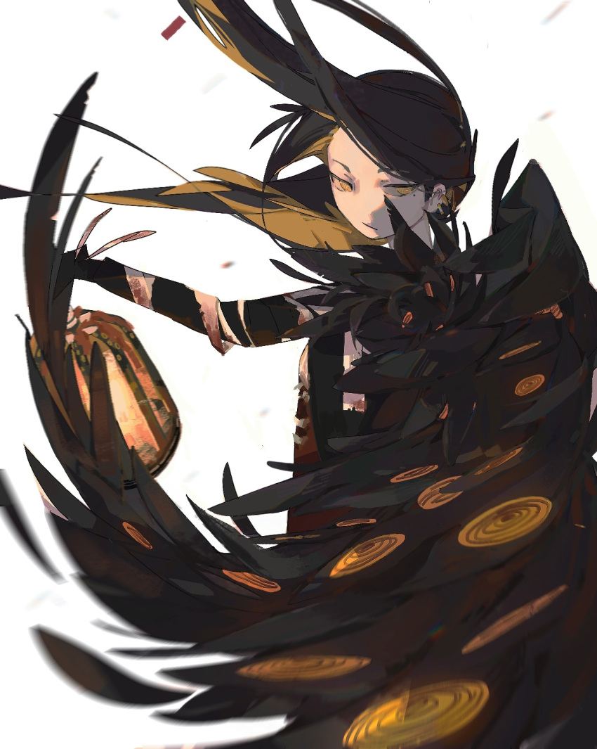 1girl, asaichi, bandaged_arm, bandages, binah_(project_moon), black_coat, black_hair, black_wings